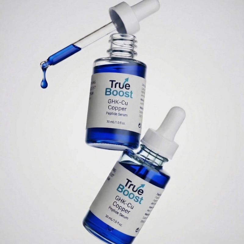 True Boost GHK-Cu Copper Peptide Serum with dropper on a light gray background