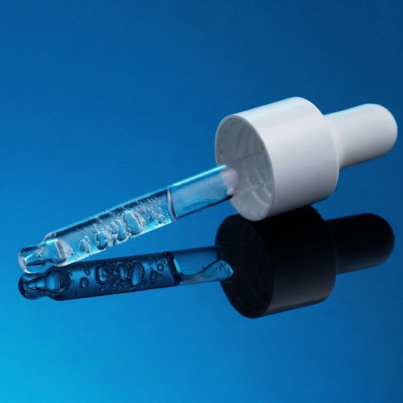 Dropper with clear liquid on a blue background