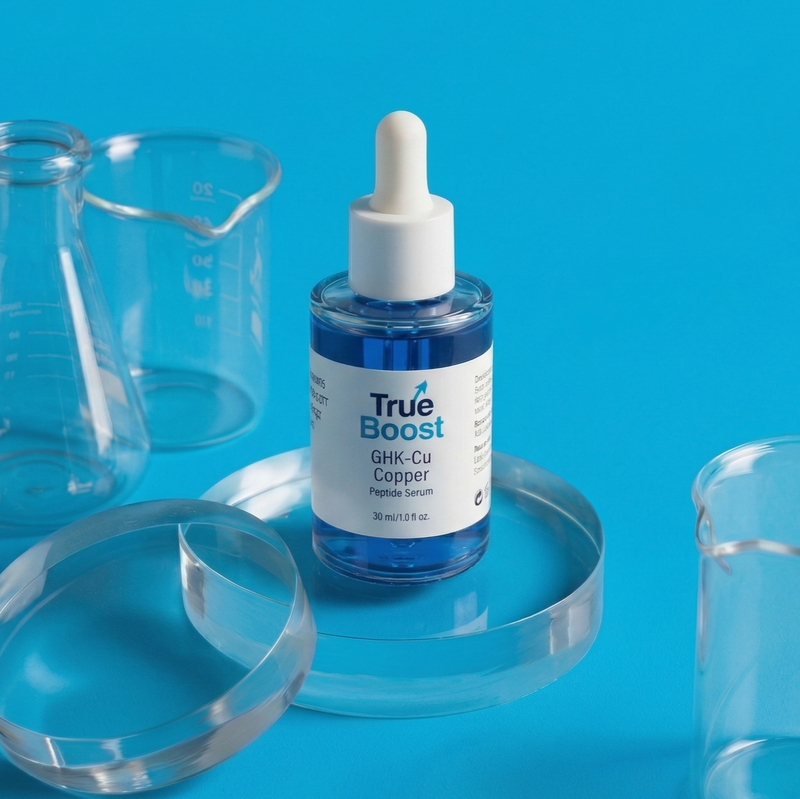 True Boost GHK-Cu Copper Peptide Serum bottle on a blue background with laboratory beakers.