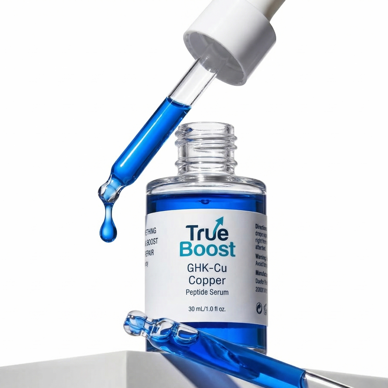 True Boost GHK-Cu Copper Peptide Serum with dropper on a white background