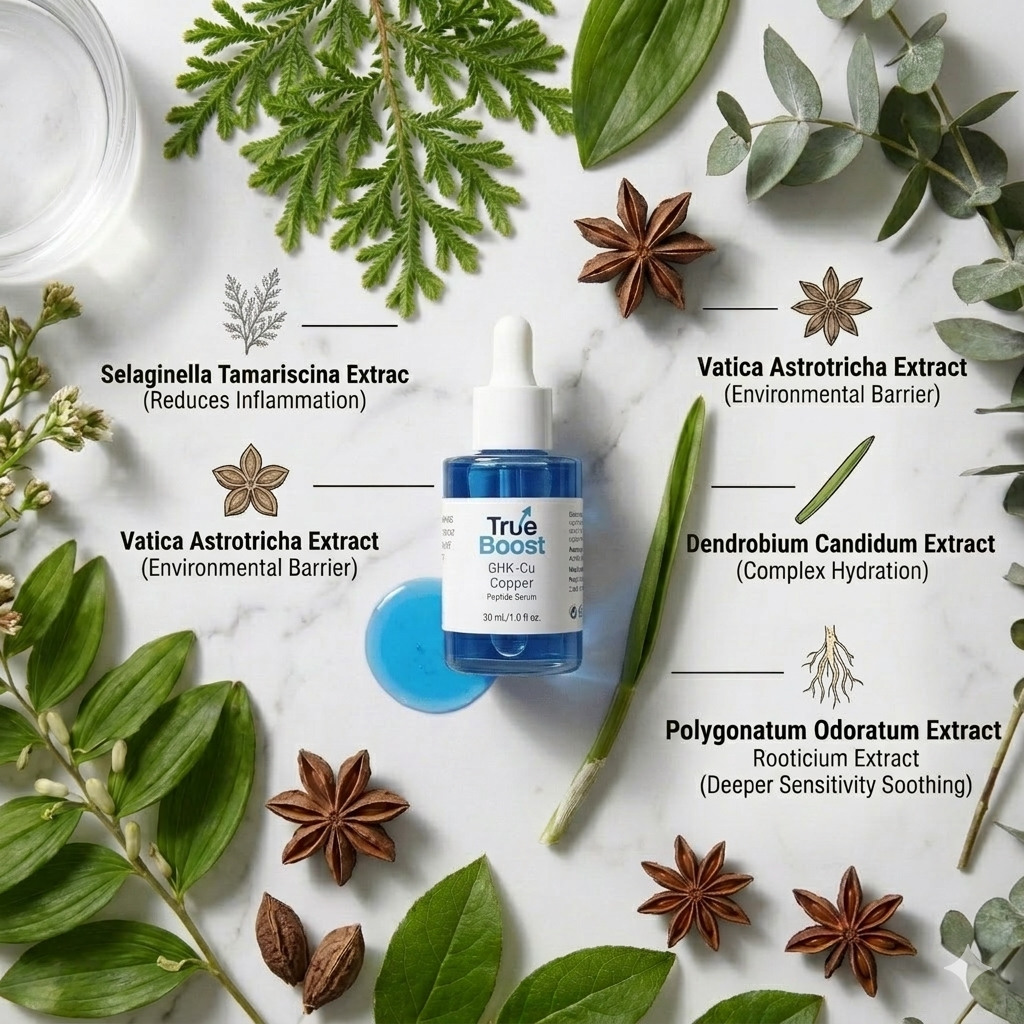 Skincare product with botanicals and extracts on a marble background