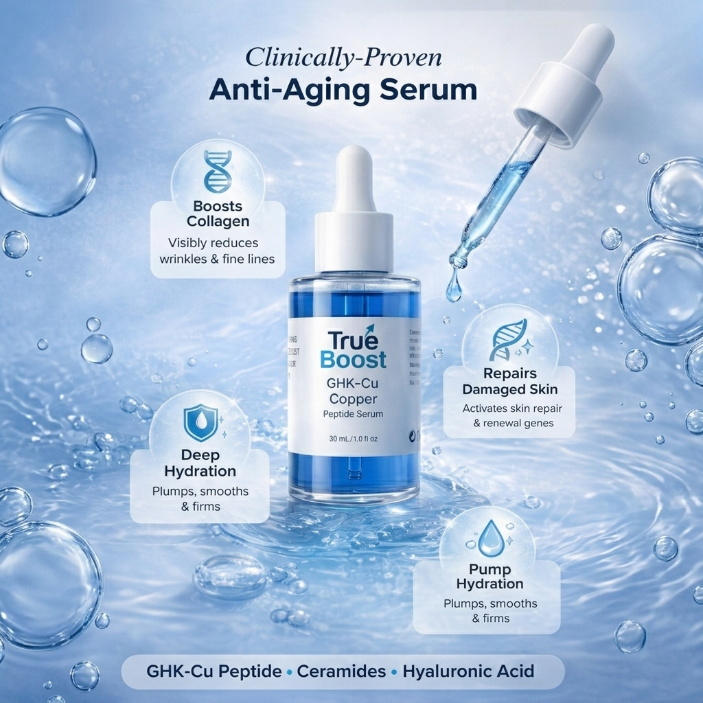 True Boost GHK-Cu Copper Peptide Serum with dropper on a water droplet background