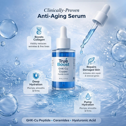 True Boost GHK-Cu Copper Peptide Serum with dropper on a water droplet background