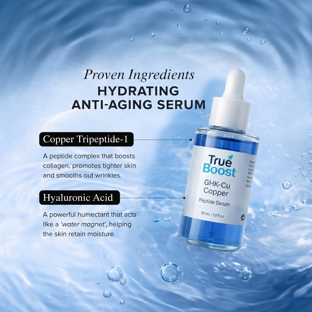 True Boost GHK-Cu Copper Peptide Serum bottle with water droplets on a blue background