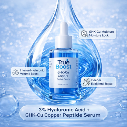 True Boost GHK-Cu Copper Peptide Serum bottle with water droplet effect on a blue background