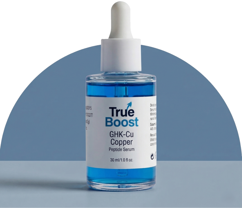 True Boost GHK-Cu Copper Peptide Serum bottle on a gray background