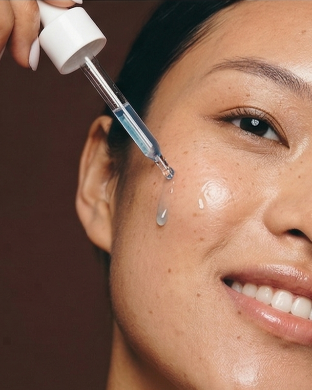 Person applying a dropper of skincare product to their face.