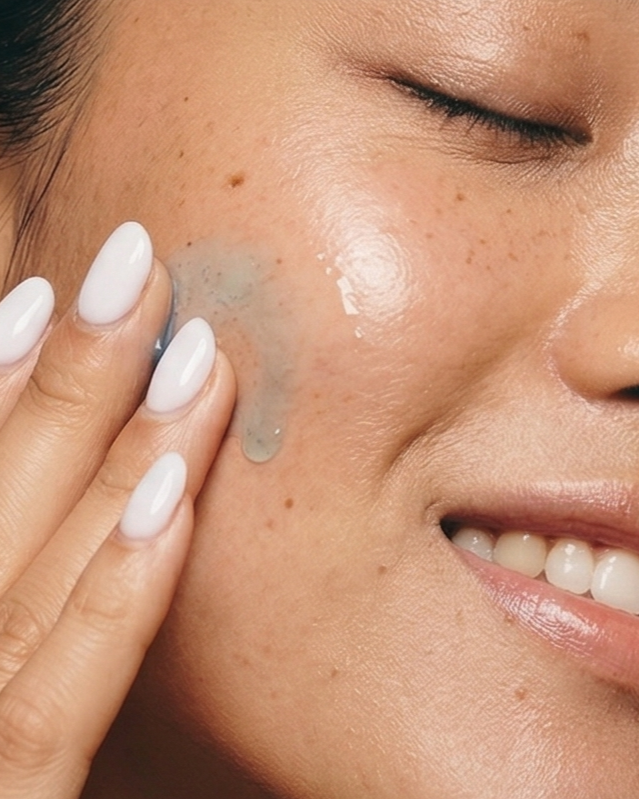 Close-up of a person applying a skincare product to their face.