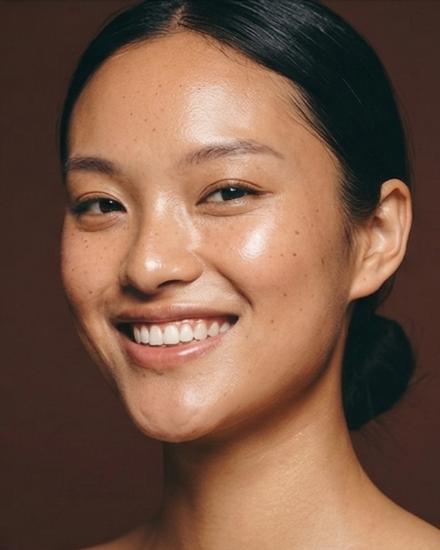 Close-up of a person with a neutral expression against a brown background