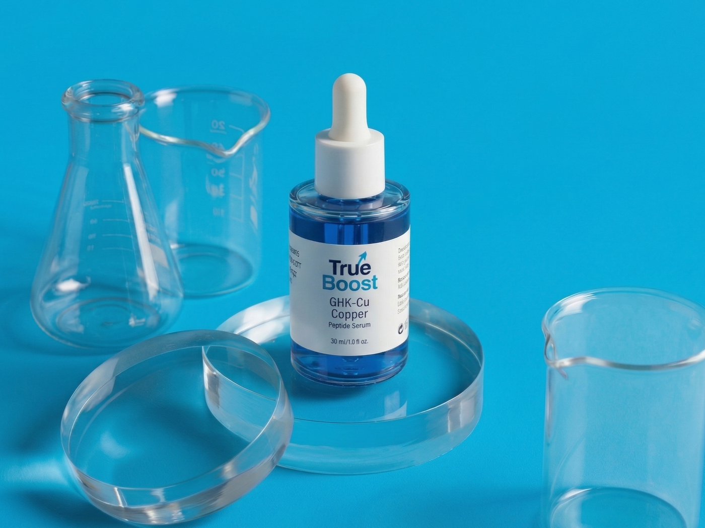 Bottle of True Boost serum on a blue background with laboratory equipment.